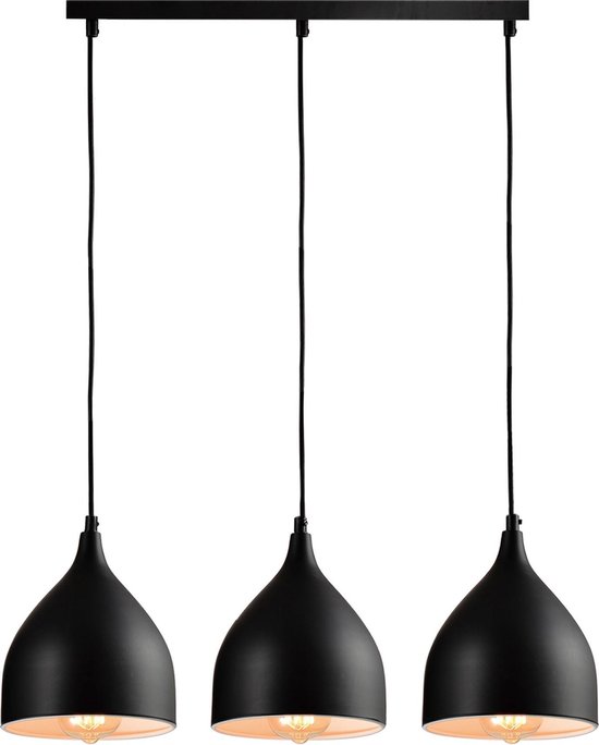 QUVIO Hanglamp modern - Hanglampen eetkamer - Plafondlamp - Eettafellamp - Verlichting - Slaapkamer lamp - Slaapkamer verlichting - Keukenverlichting - Keukenlamp - 3 lichtpunten met stalen kappen - 17 x 60 x 19 cm (lxbxh)