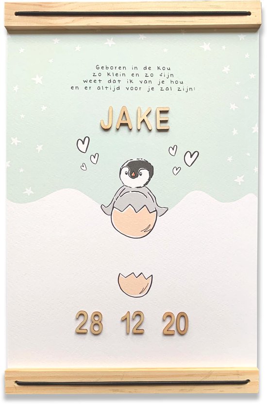 Aime Jansje | Affiche de naissance A4 | Avec carte et porte-affiche assortis | Pingouin mignon!