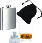 Relaxdays 11-delige whisky set - 9 whiskey stenen in stoffen zakje - rvs heupfles 200 ml