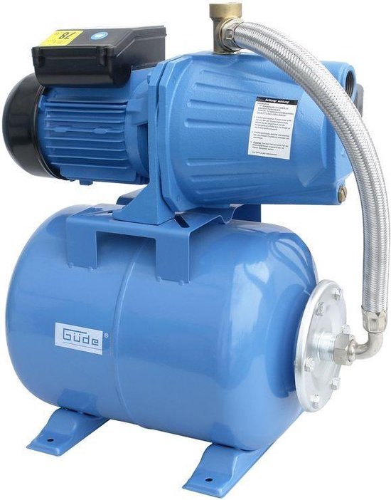 Blauwe Güde hydrofoorpomp op een metalen voet met een tank en een zilveren flexibele slang.