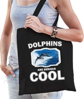 Dieren dolfijn groep  katoenen tasje volw + kind zwart - dolphins are cool boodschappentas/ gymtas / sporttas - cadeau dolfijnen fan