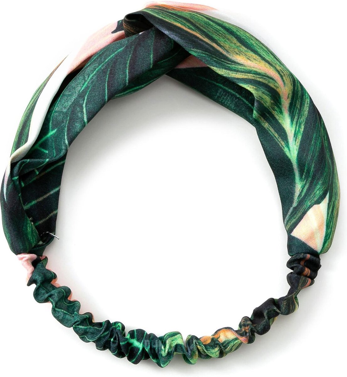 Haarband dames - bladeren planten - met knoop bandeau - gebloemd groen roze wit + leuke cadeau verpakking
