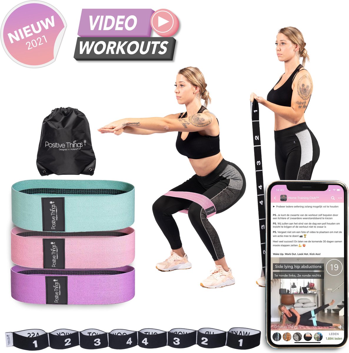 Positive Things - Resistance Bands Set Weerstandsbanden Booty Bands 4 Fitness Elastieken