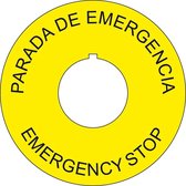 Noodstop / Emergency stop kunststof, geel, met gat, 7 talen Ø 75 mm Kunststof Spaans-Engels