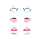 Joy|S - Zilveren oorbellen set - 3 paar - tea time - theepot - theekopje - cupcake