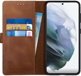 Rosso Deluxe Echt Leer Book Case Hoesje Geschikt voor Samsung Galaxy S21 | Ruimte voor drie pasjes | Portemonnee Book Case | Met Pasjeshouder | Bruin