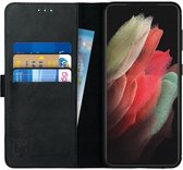 Rosso Deluxe Echt Leer Book Case Hoesje Geschikt voor Samsung Galaxy S21 Ultra | Ruimte voor drie pasjes | Portemonnee Book Case | Met Pasjeshouder | Zwart