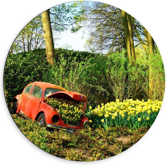 Dibond Wandcirkel - Rode Auto vol met Gele Bloemen - 60x60cm Foto op Aluminium Wandcirkel (met ophangsysteem)