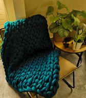 HOMEY & STUFF gebreide wollen deken XXL - 100% Handgemaakt Merino Lontwol Plaid - Huisdecoratie Kleed - 120 x 150 cm - Petrol | Donker Blauw / Groen