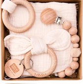 Babycadeaus - Baby cadeau meisje - baby cadeau jongen - kraamcadeau - kraampakket - Geboortegeschenk - babyshower cadeau - geboorte cadeaubox - baby slabbetje, houten ring, bijtring, armband 