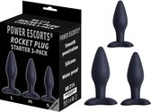 Power Escorts - Rocket Plug Anal Starter 3-Pack  - S, M & L - Black - quality Silicone  - No cheap tpe material - Colour box -BR215