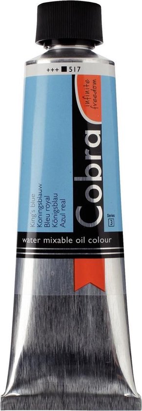 Tube de peinture à l'huile Cobra bleu roi miscible à l'eau, 150mL, mention "King's blue" et "Koningsblauw".