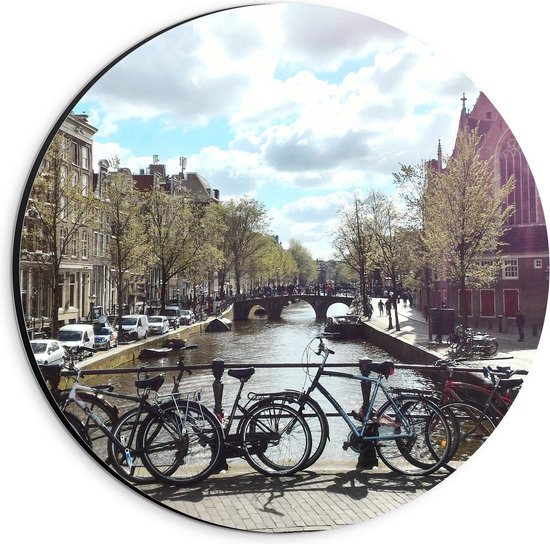 Dibond Wandcirkel - Fietsen aan de Gracht in Amsterdam - 20x20cm Foto op Aluminium Wandcirkel (met ophangsysteem)