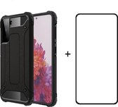 Telefoonhoesje geschikt voor Samsung Galaxy S21 silicone TPU hybride zwart hoesje case + full cover glas screenprotector