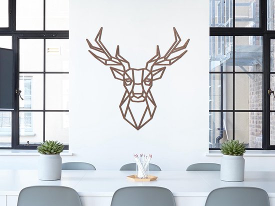 HOUTEN WANDDECORATIE / WOODEN WALL DECORATION - GEOMETRISCHE MUURDECORATIE / GEOMETRIC WALL ART - HERTENKOP (SYMMETRISCH) / DEER HEAD (SYMMETRIC) - 45 x 45cm - DONKER HOUT / DARK WOOD - ORIGAMI DESIGN WANDFIGUUR - WILD - REE - RENDIER