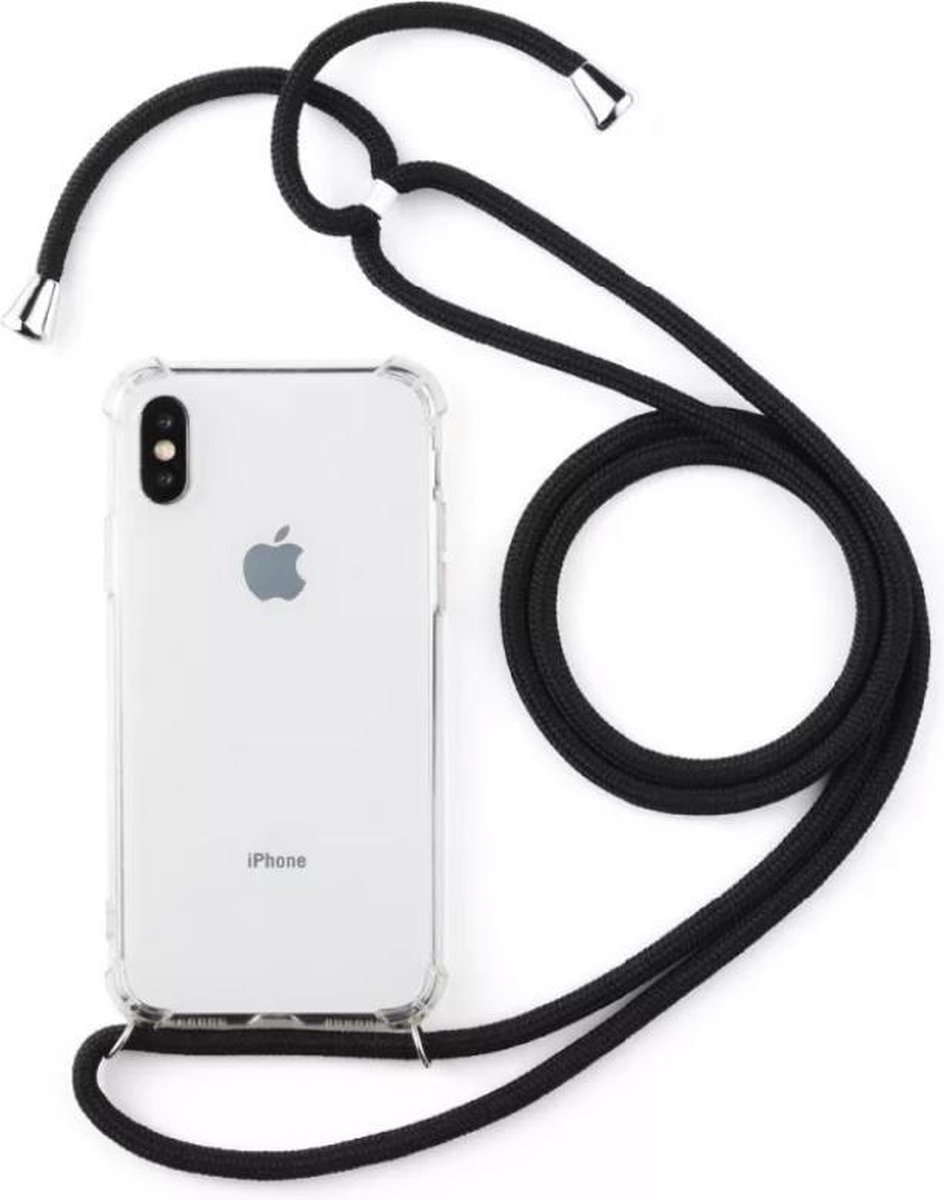 Telefoonhoesje met koord iPhone X/XS - Zwart - Telefoonkoord – Telefoonhoes – Backcover met Koord – Telefoon Koord – Telefoonketting – Telefoonhoesje met Koord – Hoesje met Koord - Ketting Koord – Transparant