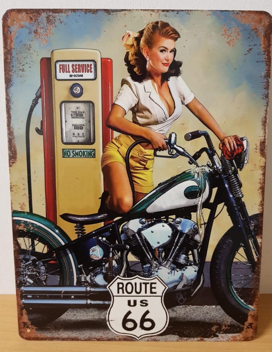 Route 66 motor benzinepomp vrouw wit shirt Reclamebord van metaal 33 x 25 cm METALEN-WANDBORD - MUURPLAAT - VINTAGE - RETRO - HORECA- BORD-WANDDECORATIE -TEKSTBORD - DECORATIEBORD - RECLAMEPLAAT - WANDPLAAT - NOSTALGIE -CAFE- BAR -MANCAVE- KROEG