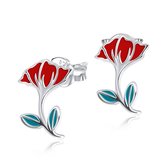 Joy|S - Zilveren Hibiscus oorbellen - rode bloem - 10 x 14 mm