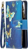Samsung Galaxy S21 Ultra - Portemonnee met rits - book-case hoesje - ruimte voor 9 pasjes - goud blauw vlinder