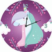 Kinderklok eenhoorn/unicorn, wolken, bloemen paars | STIL UURWERK | wandklok van hout voor kinderkamer en babykamer - decoratie accessoires - meisjes slaapkamer