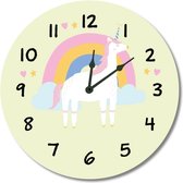 Kinderklok regenboog, eenhoorn/unicorn, wolkjes geel | STIL UURWERK | wandklok van hout voor kinderkamer en babykamer - decoratie accessoires - meisjes slaapkamer