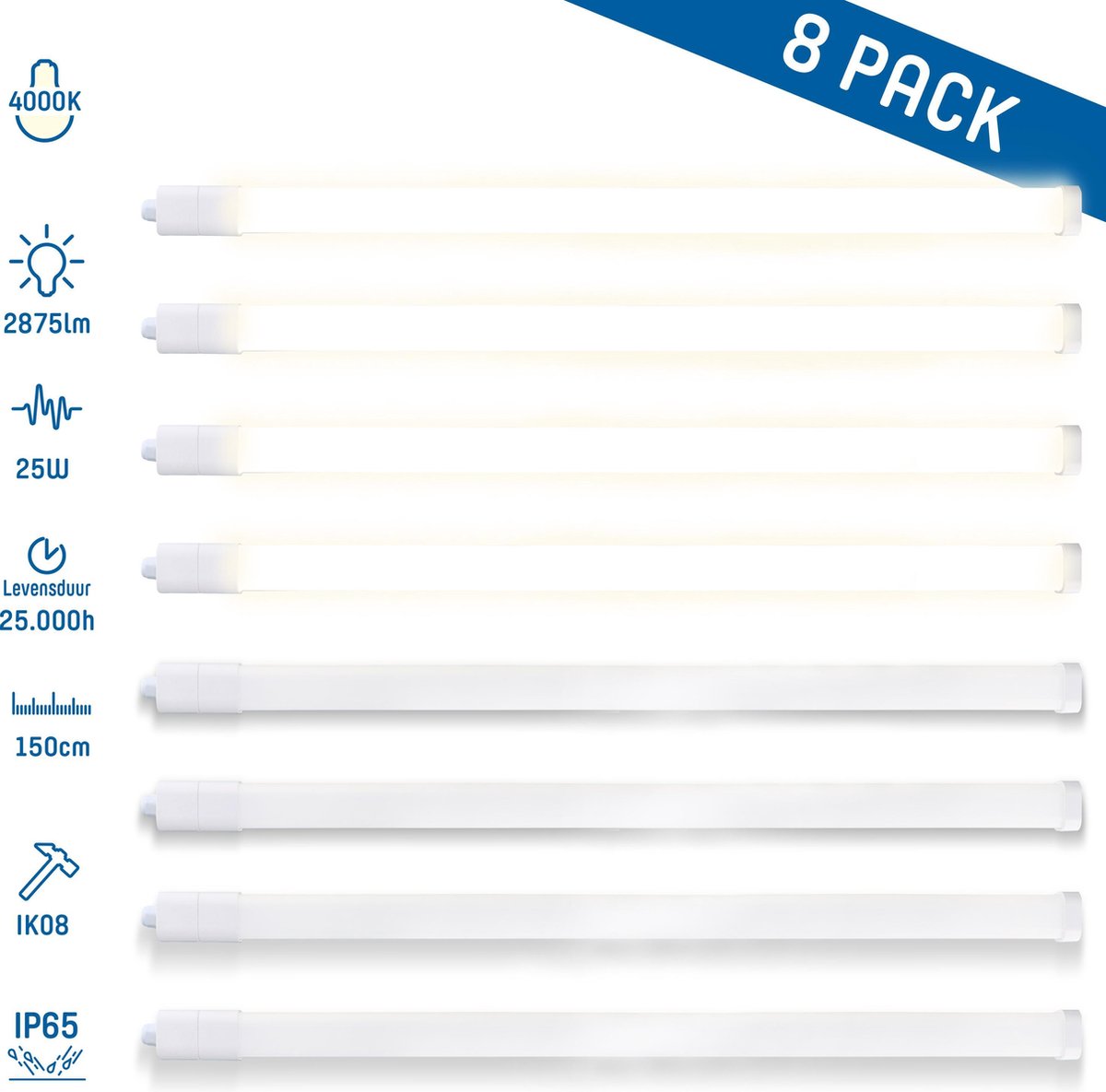 LED TL armatuur inclusief lampen - Waterdicht IP65 - Set van 8 LED balken - 25W - 150cm
