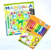 Kleurboek voor kinderen ''Dino'' + 12 BIC viltstiften - Mandala dieren - Kleuren voor kinderen - Viltstiften voor kinderen - Kleuren - Stiften - Kleurboek voor kinderen dieren - Sc