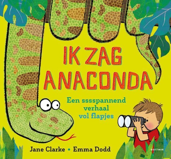Boek 'Ik Zag Anaconda' met illustratie van een grote groene slang met bruine vlekken en een jongen die door een verrekijker kijkt.