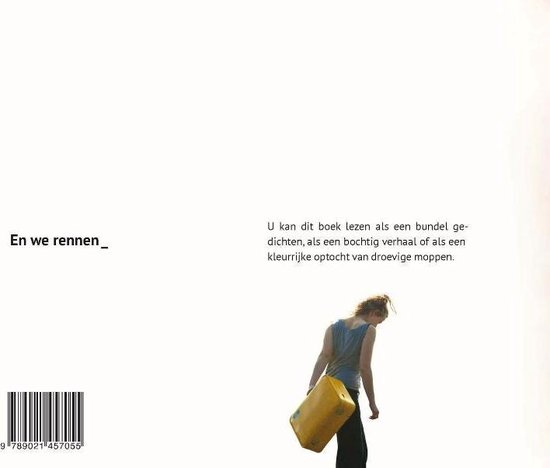Een vrouw met blonde haren draagt een gele jerrycan, met op de achtergrond tekst en een barcode.