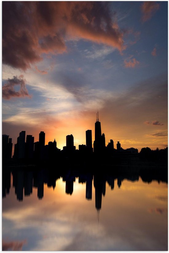 Poster – Silhouet Skyline met Water - 80x120cm Foto op Posterpapier