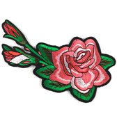 Roze Roos Met Knoppen Strijk Embleem Patch 14 cm / 8 cm / Roze Groen