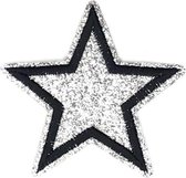 Zilverkleurige Glitter Ster et Zwarte Rand Strijk Embleem Patch 6.5 cm / 6.5 cm / Zilver Zwart