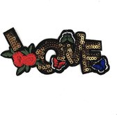 Goud kleurige Paillette Love Tekst Patch Met Vlinders En Bloemen 10,5 x 5 cm