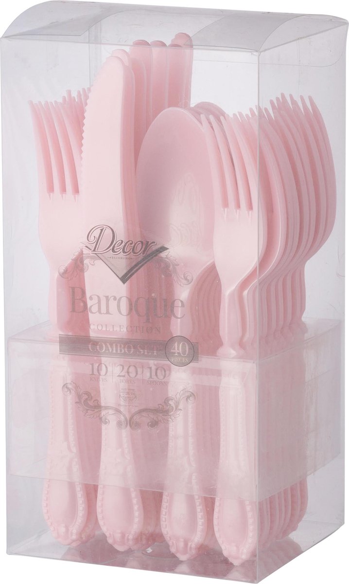 Decorline - Herbruikbare robuuste plastic bestekset Parel Roos kleur - 40-delig - met elk 20 vorken, 10 messen en 10 soeplepels - Baroque Collection voor Kerstmis,Bruiloften, Verjaardagen, Feesten en Evenementen.