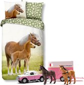 Good Morning Dekbedovertrek Haflinger met Veulen-140 x 220 cm, Paarden dekbed-katoen, met roze  Auto speelset Paardentransport.