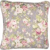 Clayre & Eef Kussenhoes 50*50 cm Grijs, Groen, Roze Polyester, Katoen Vierkant Bloemen Sierkussenhoes Kussen hoes