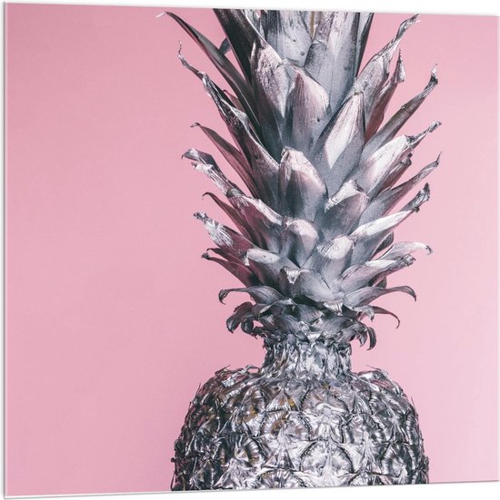 Acrylglas - Zilvere Ananas met Roze Achtergrond - 100x100cm Foto op Acrylglas (Wanddecoratie op Acrylglas)
