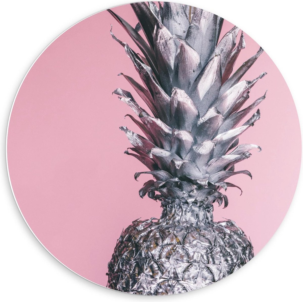 Forex Wandcirkel - Zilvere Ananas met Roze Achtergrond - 60x60cm Foto op Wandcirkel (met ophangsysteem)