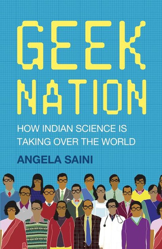 Boekomslag 'Geek Nation' met gele pixeltekst en een menigte diverse, bril dragende mensen onderaan.