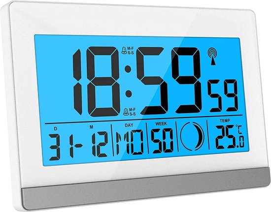 Digitale wekker met wit frame en blauw scherm toont 18:59 en 25.0 graden Celsius.