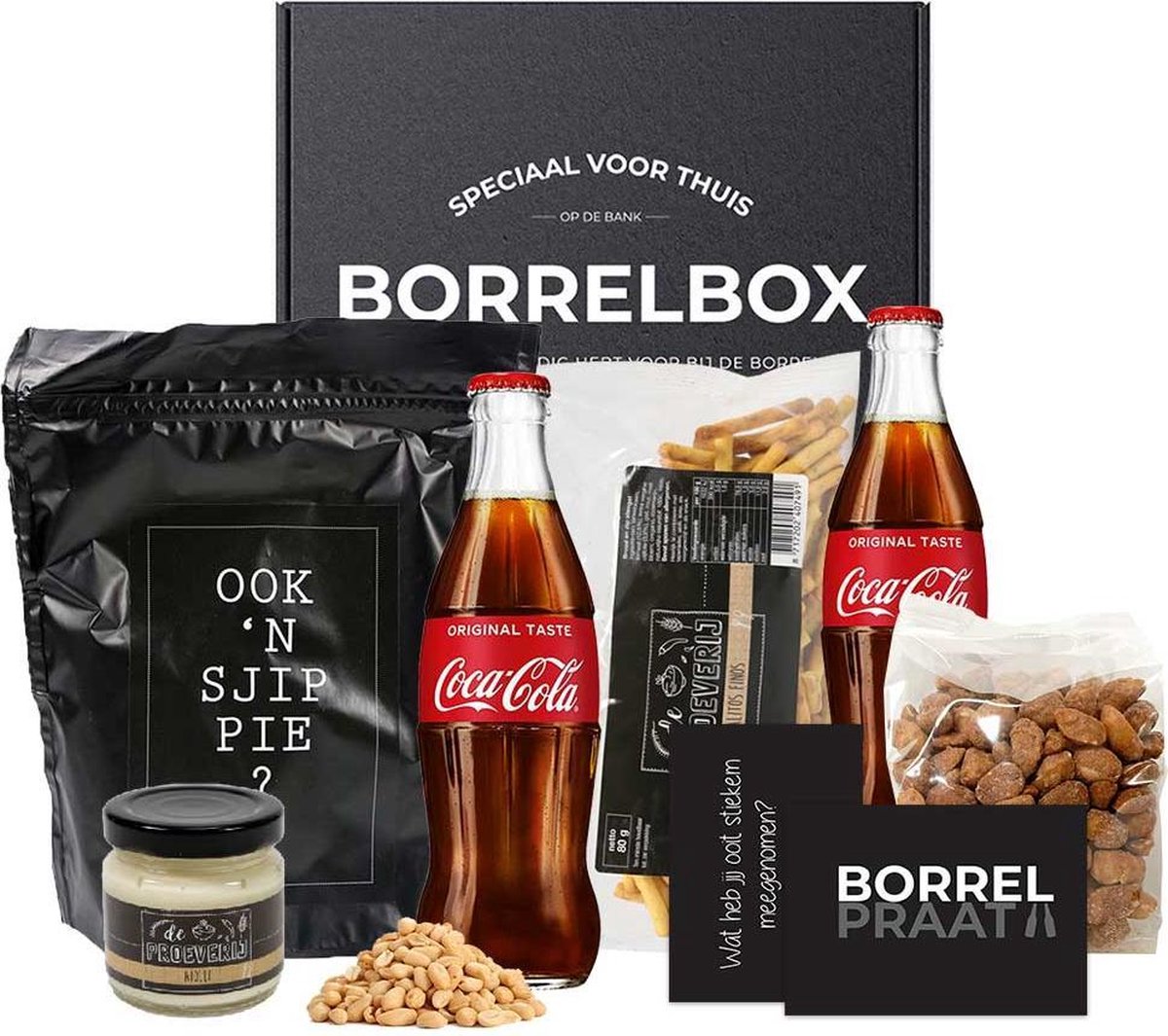 Borrelpakket met Coca-Cola | Alcoholvrije borrelbox met het unieke Borrelpraat spel