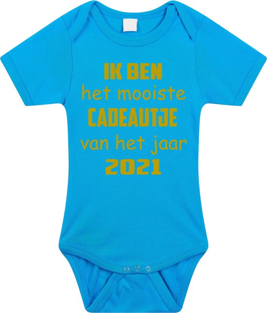 Baby rompertje met leuke tekst | Ik ben het mooiste cadeautje van het jaar 2021 |zwangerschap aankondiging | cadeau papa mama opa oma oom tante | kraamcadeau | maat 56 blauw goud