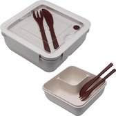 Bamboe lunchbox met bruine bestek / vork en mes - 17x17xH7cm