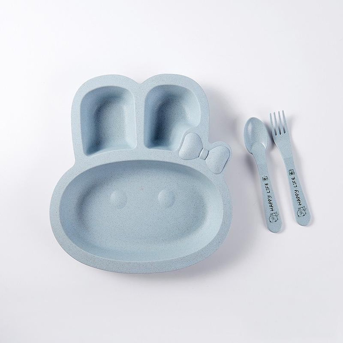 Goedkoopste Kinderservies - Kinderbord - Vakjesbord - Bord met vakken voor baby peuter en kleuter - Met lepel en vork - Duurzaam - Kraam cadeau - Konijn - Blauw - 1 set