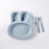 Kinderservies - Kinderbord - Vakjesbord - Bord met vakken voor baby peuter en kleuter - Met lepel en vork - Duurzaam - Kraam cadeau - Konijn - Blauw - 1 set