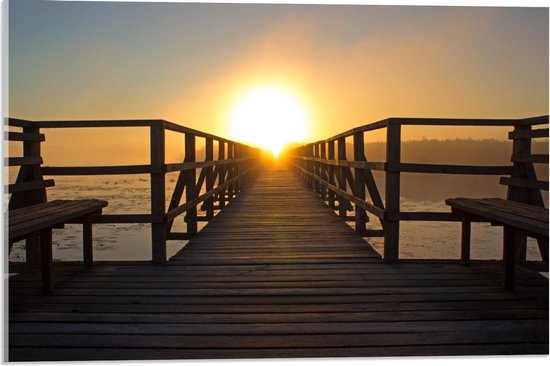 Acrylglas - Steiger aan Strand met Ondergaande Zon - 60x40cm Foto op Acrylglas (Wanddecoratie op Acrylglas)