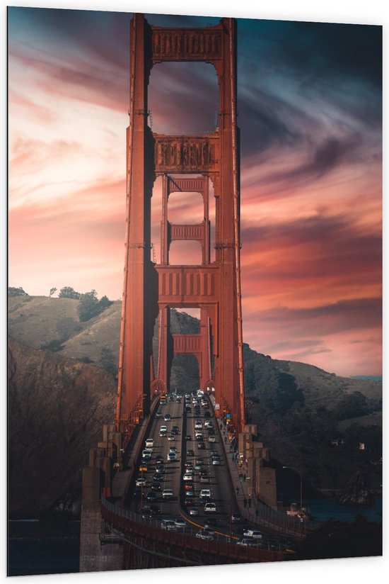 Dibond - Golden Gate Bridge met Auto's - California - Amerika - 100x150cm Foto op Aluminium (Wanddecoratie van metaal)