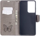 Samsung Galaxy S21 Ultra Hoesje Wallet Case met Vlinder Print Grijs