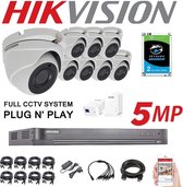 HIKVISION, 8 x 5 MP buitencamera's, 4 K, 8 kanalen, 2 TB, H.265+, 2,8 mm, nachtzicht, DS-7208HUHI-K1 DS-2CE56H1T-ITM