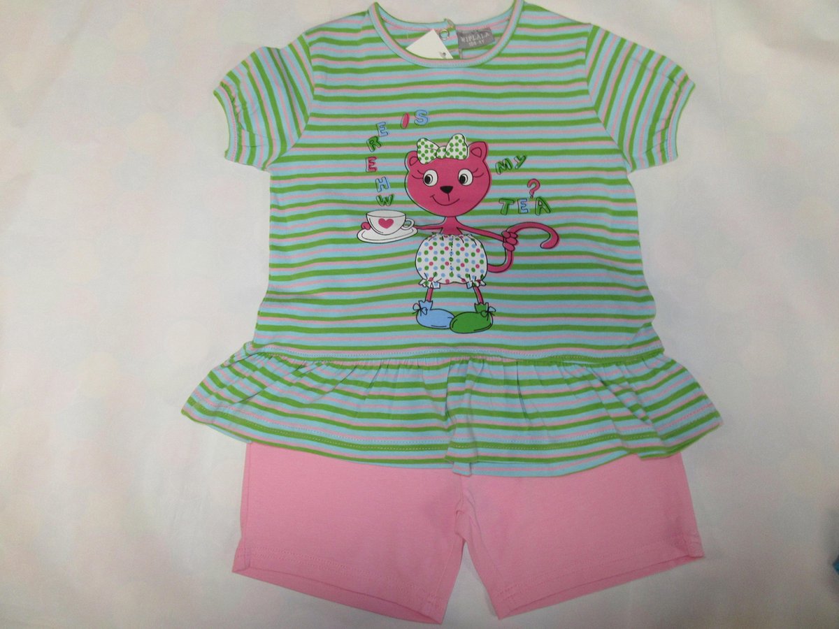 Wiplala Zomer pyjama - Meisje - Streep groen / roze - Poesje - 6 jaar 116 groen , rose
